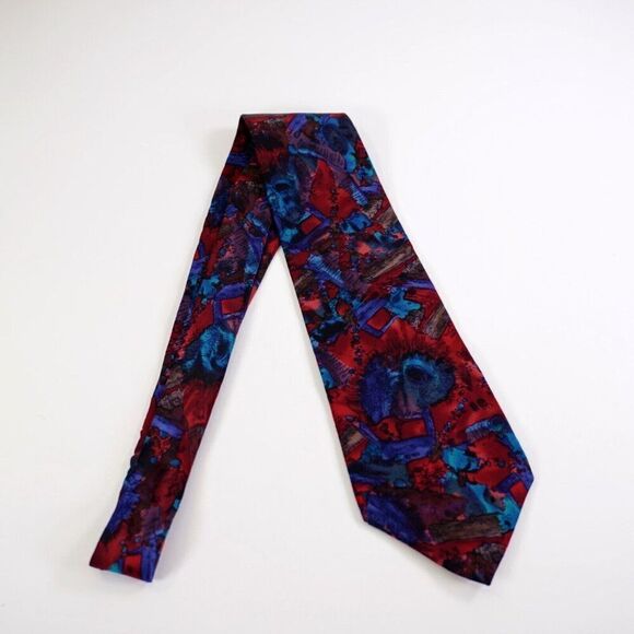 J. Garcia Red Teal Brown Astract Print Short Wide Silk Tie‎ - Picture 6 of 6